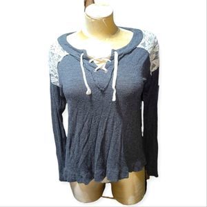 Rewind Long Sleeve Gray Shirt With Lace Accents